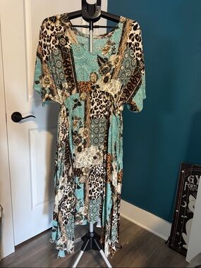 Cato Teal Patchwork High-Low Dress with Leopard & Floral Panels